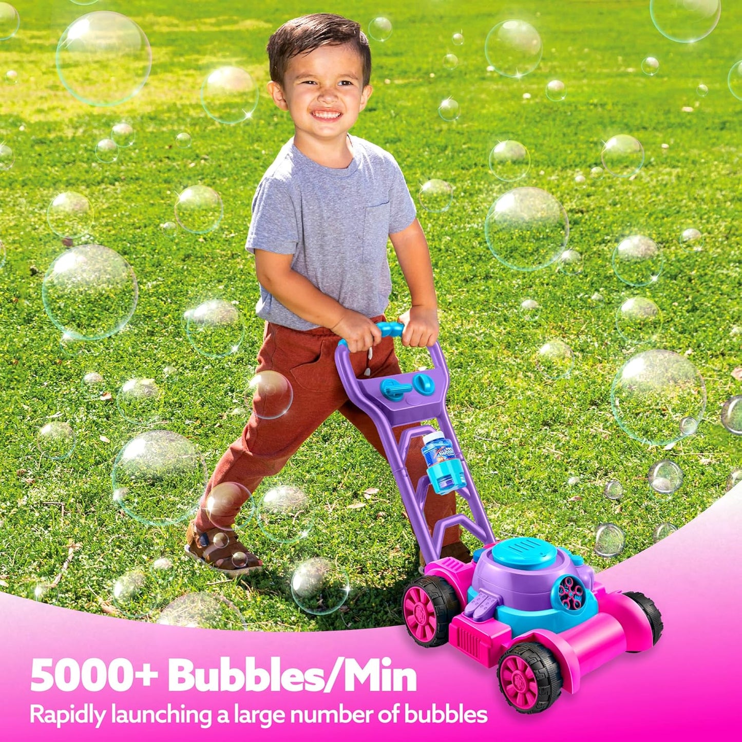 SLOOSH Bubble Lawn Mower Toddler Toys - Kids Bubble Machine Summer Outdoor Push Toy Games, Backyard Garden outside Play Toddlers Preschool Boys Girls Birthday Gifts (Pink)