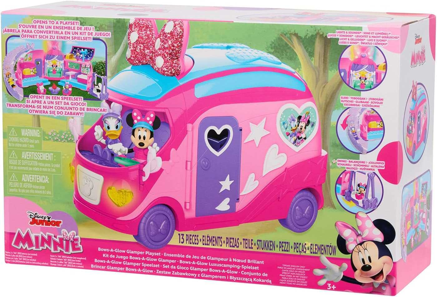 Disney Junior Minnie Mouse Bows-A-Glow Rolling Glamper 13-Piece Figures and Playset, Kids Toys for Ages 3 Up, Amazon Exclusive by