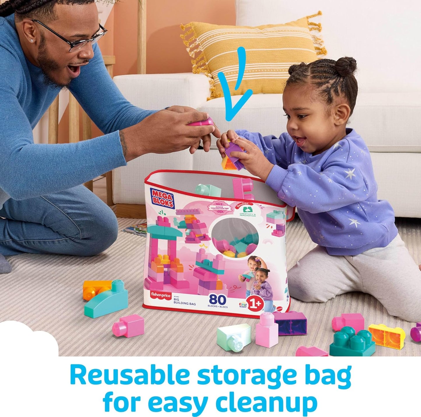 MEGA BLOKS First Builders Toddler Blocks Toys Set, Big Building Bag with 80 Pieces and Storage, Pink, Ages 1+ Years