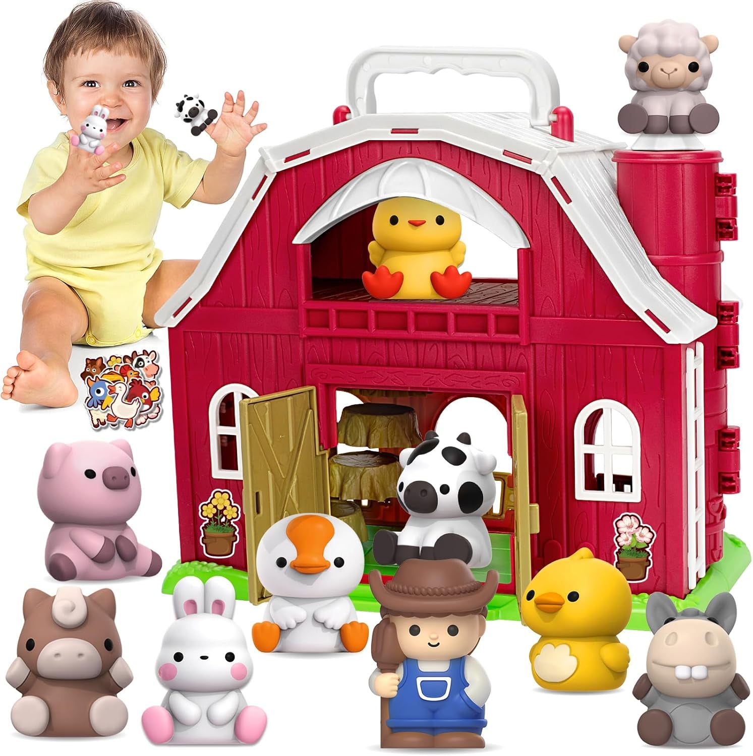 Toys for 1 2 3 Years Old Boys Girls, Big Red Barn Farm Animal Playset for Boys Girls, Learning Montessori Toys, Christmas Birthday Easter Gift for Baby Kids Toddlers Age 12-18 Months
