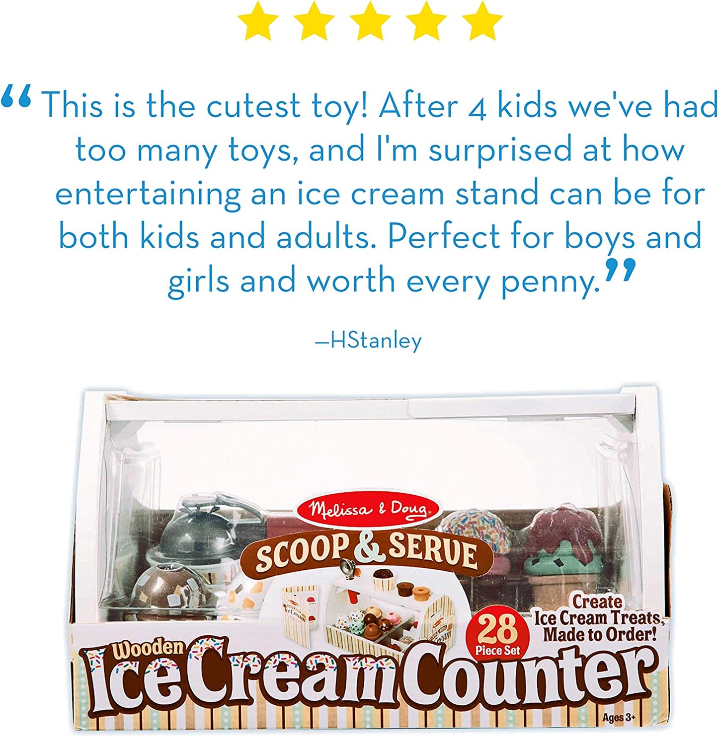 Wooden Scoop and Serve Ice Cream Counter with Play Food and Accessories (28 Pcs) Pretend Food, Ice Cream Toys, for Kids Ages 3+