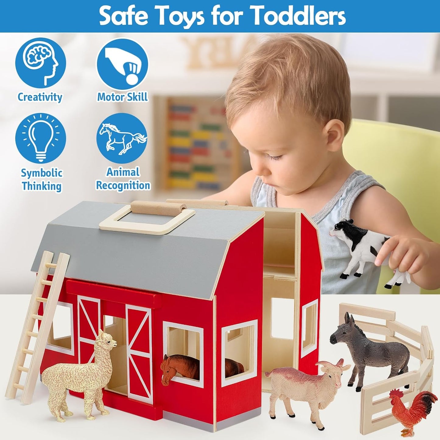 Farm Animals Toys for 3+ Year Old Kids Toddlers Girls Boys, Large Wooden Barn with Animal Play Figures, Farm Playset Educational Learning Toys, Ideal Christmas Birthday Gifts