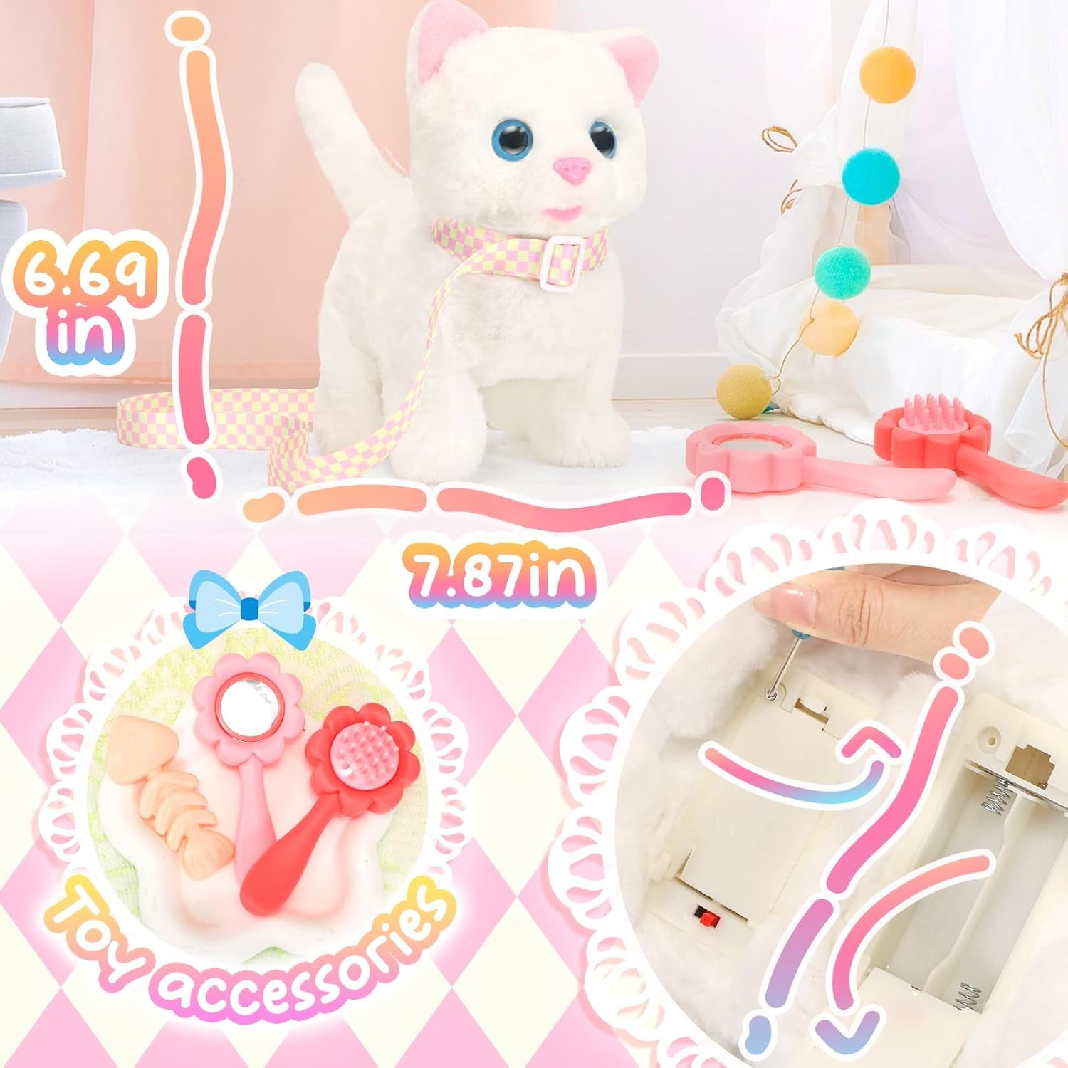 Plush Toys Electronic Toy Cat That Walking and Meowing,Tail Wagging Interactive Toy Cat for Kids with Leash,Easter Christmas Birthday Gift for Toddlers Kids