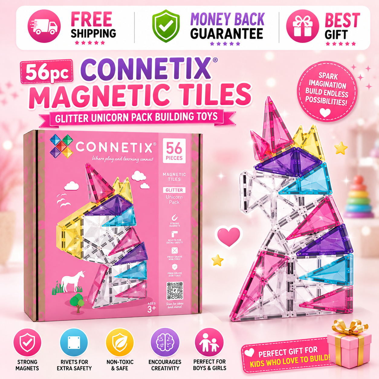 CONNETIX 56pc Glitter Unicorn magnetic tiles building set