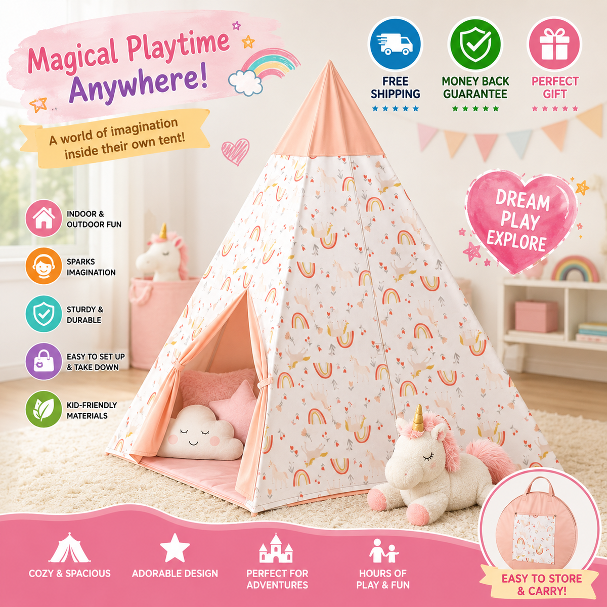 Pillowfort Unicorn Kids Tent with rainbow and floral print for bedroom or playroom