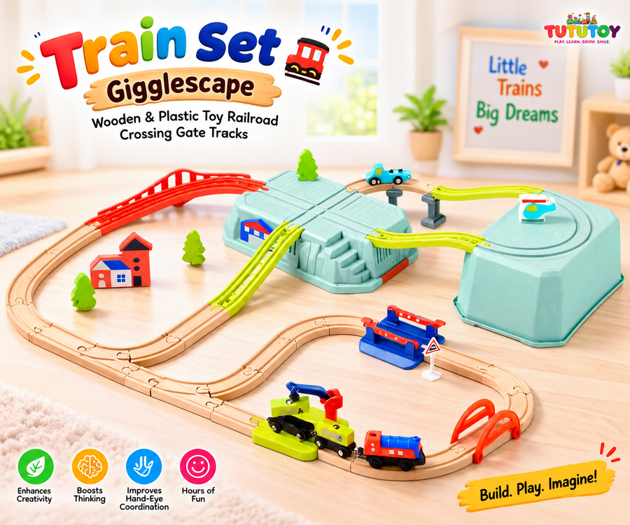 Gigglescape wooden and plastic train set with motorized engine and tracks