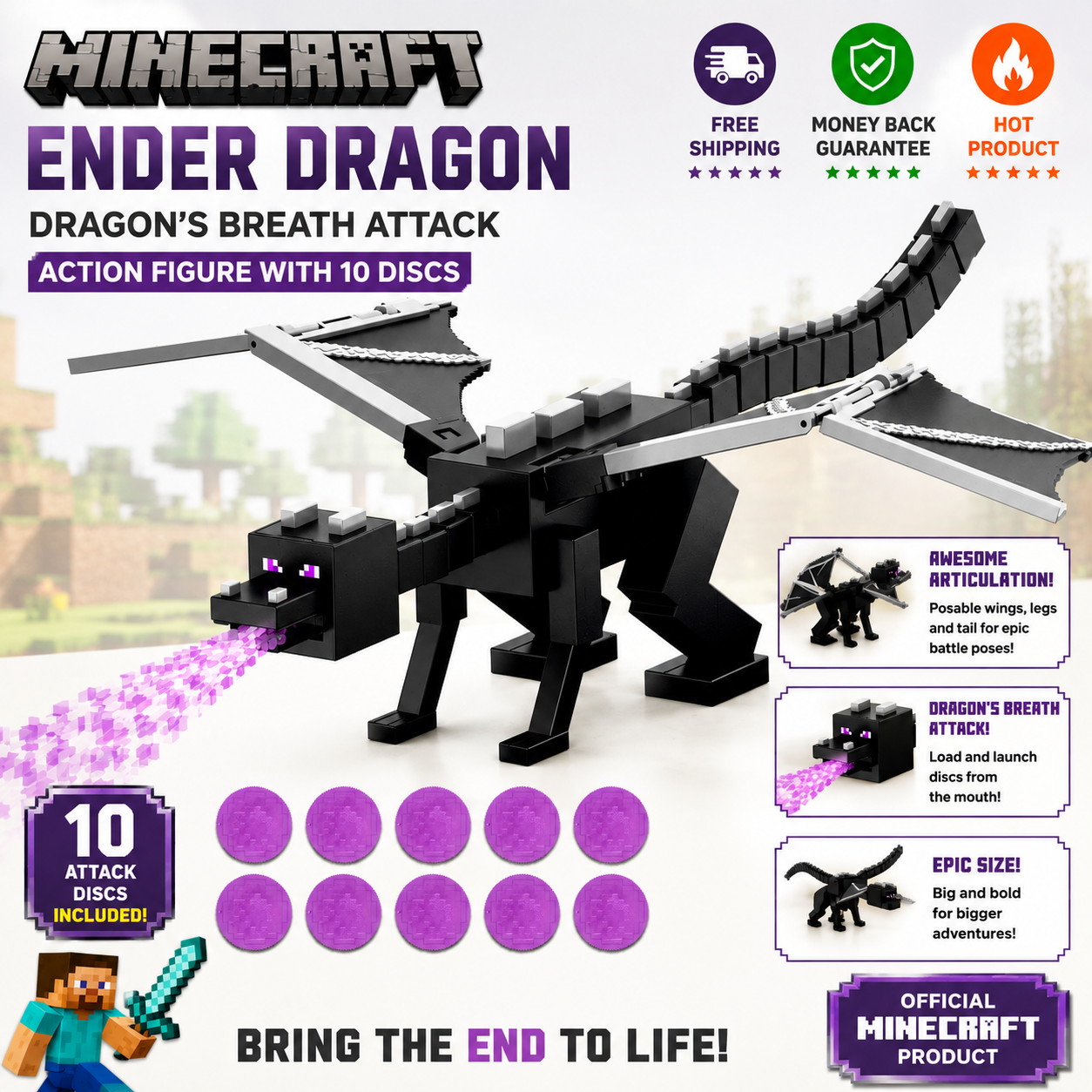 Minecraft Dragon’s Breath Attack Ender Dragon action figure with 20 inch wingspan