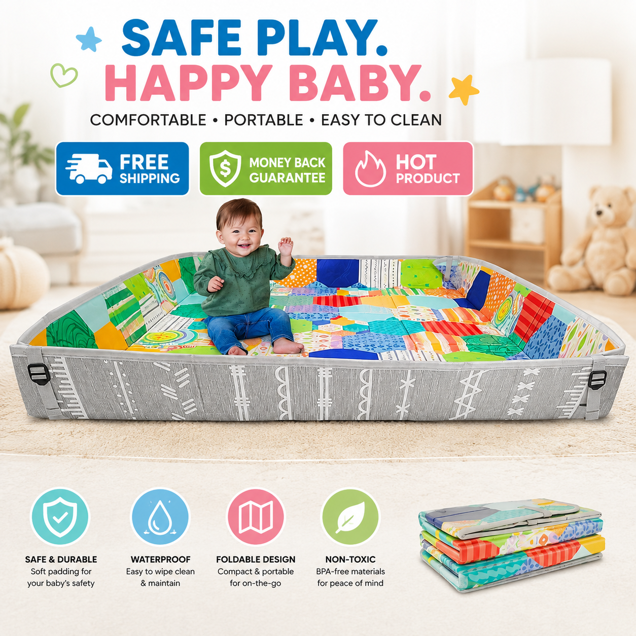 Infantino foldable soft foam baby play mat with padded sides