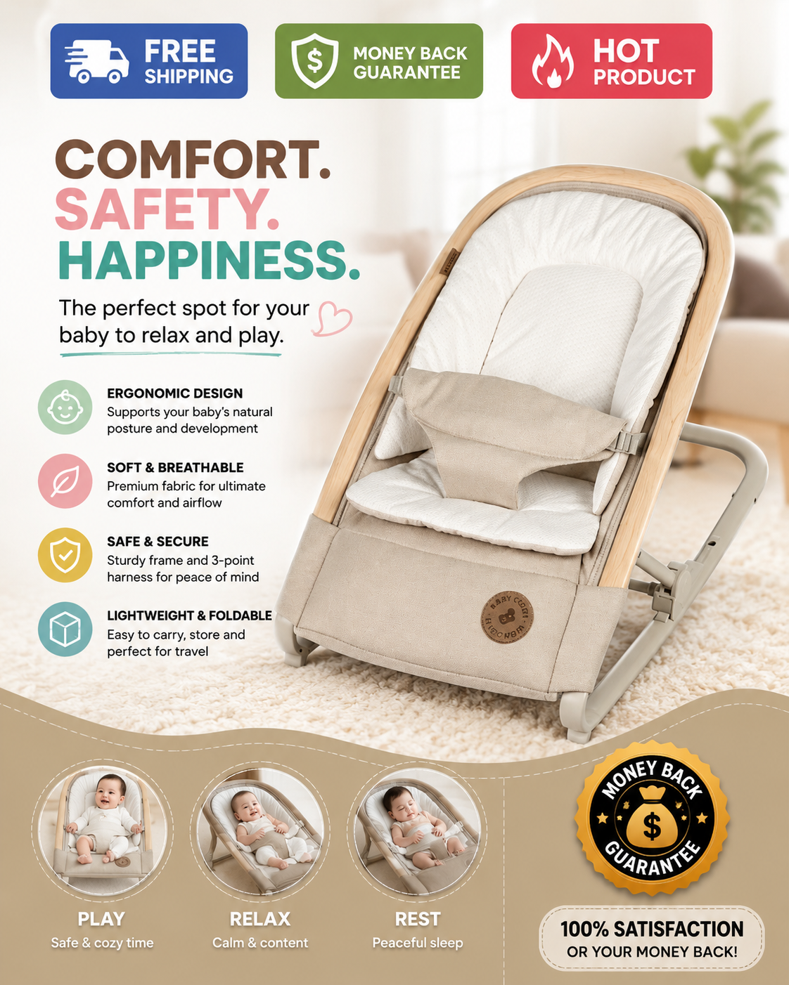 Maxi-Cosi Kori 2-in-1 baby rocker with soft EcoCare recycled fabric