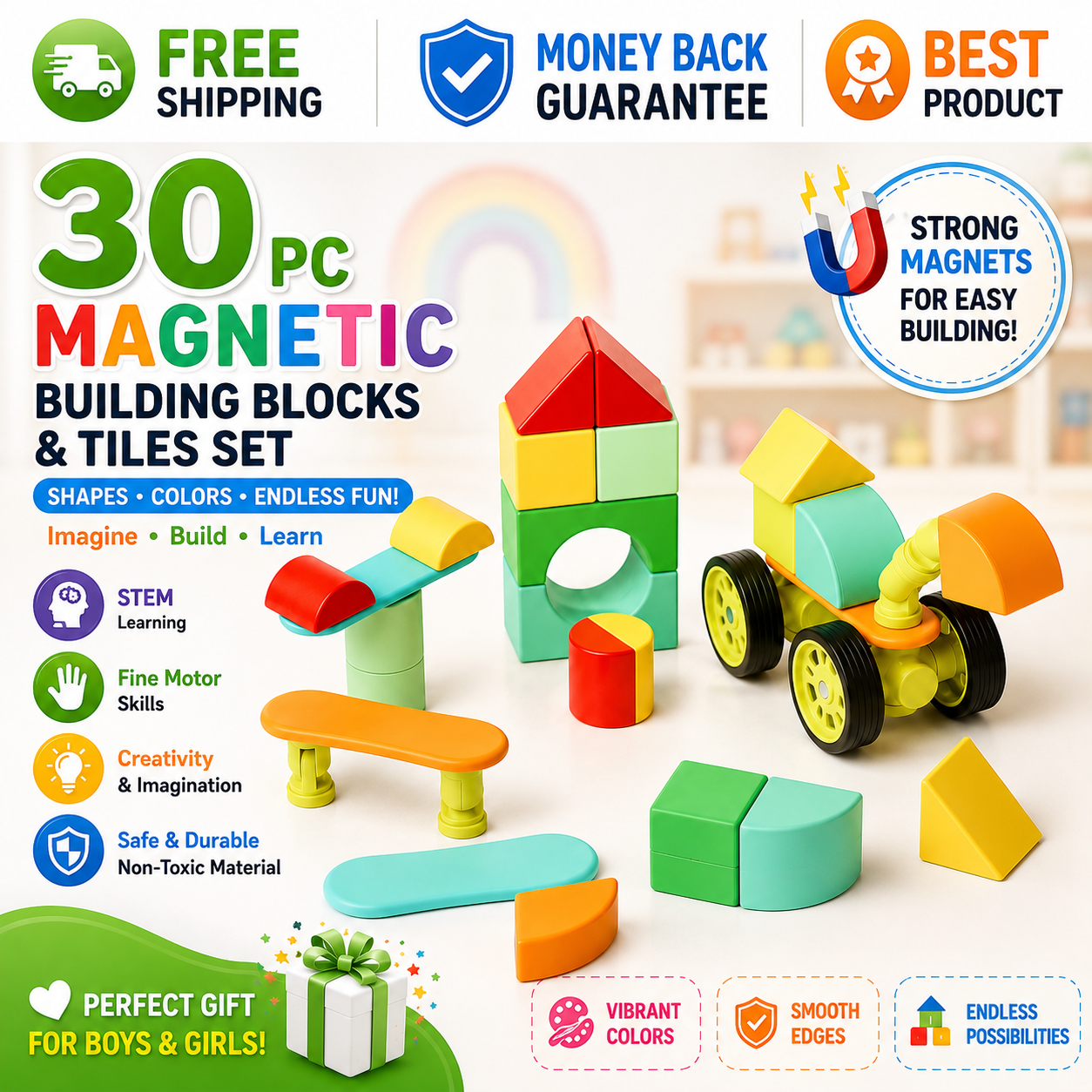 Gigglescape 30-piece magnetic building blocks and tiles set with colorful shapes