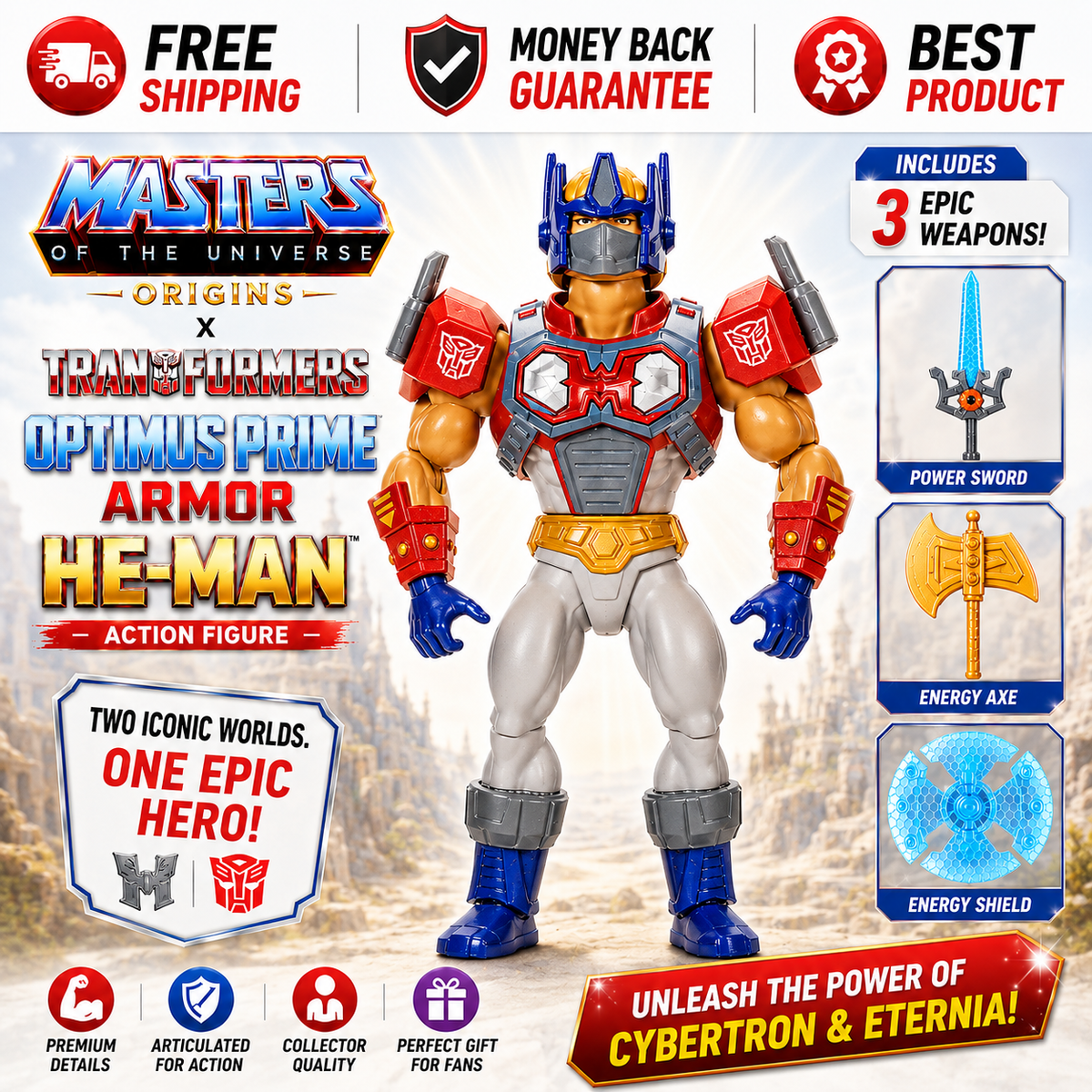 Masters of the Universe Origins x Transformers Optimus Prime Armor He-Man action figure