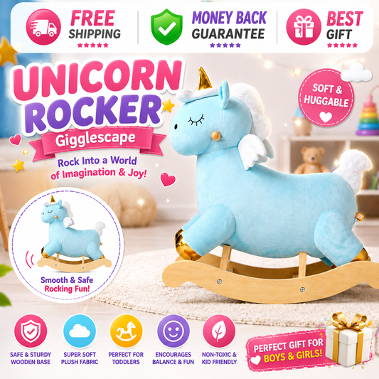 Gigglescape blue plush unicorn rocker for toddlers with wooden rocking base