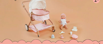 LullaBaby 14" Baby Doll & Double Stroller Accessory Set - Pink & Golden Stars: Toy Stroller with Canopy & Basket