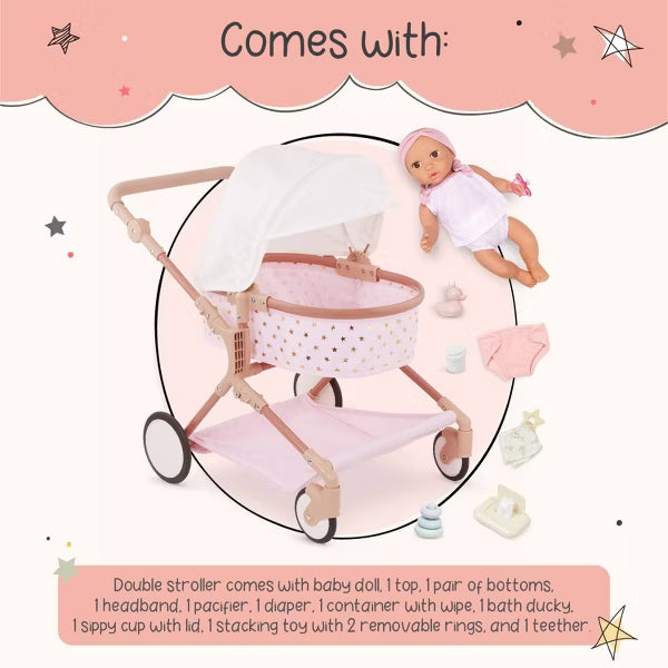 LullaBaby 14" Baby Doll & Double Stroller Accessory Set - Pink & Golden Stars: Toy Stroller with Canopy & Basket