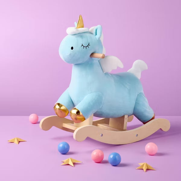 Gigglescape Unicorn Rocker with blue plush body gold accents wings and sturdy wooden base