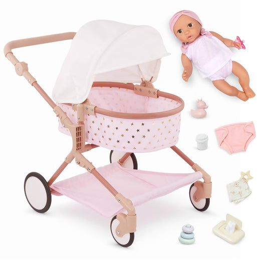 LullaBaby 14" Baby Doll & Double Stroller Accessory Set - Pink & Golden Stars: Toy Stroller with Canopy & Basket