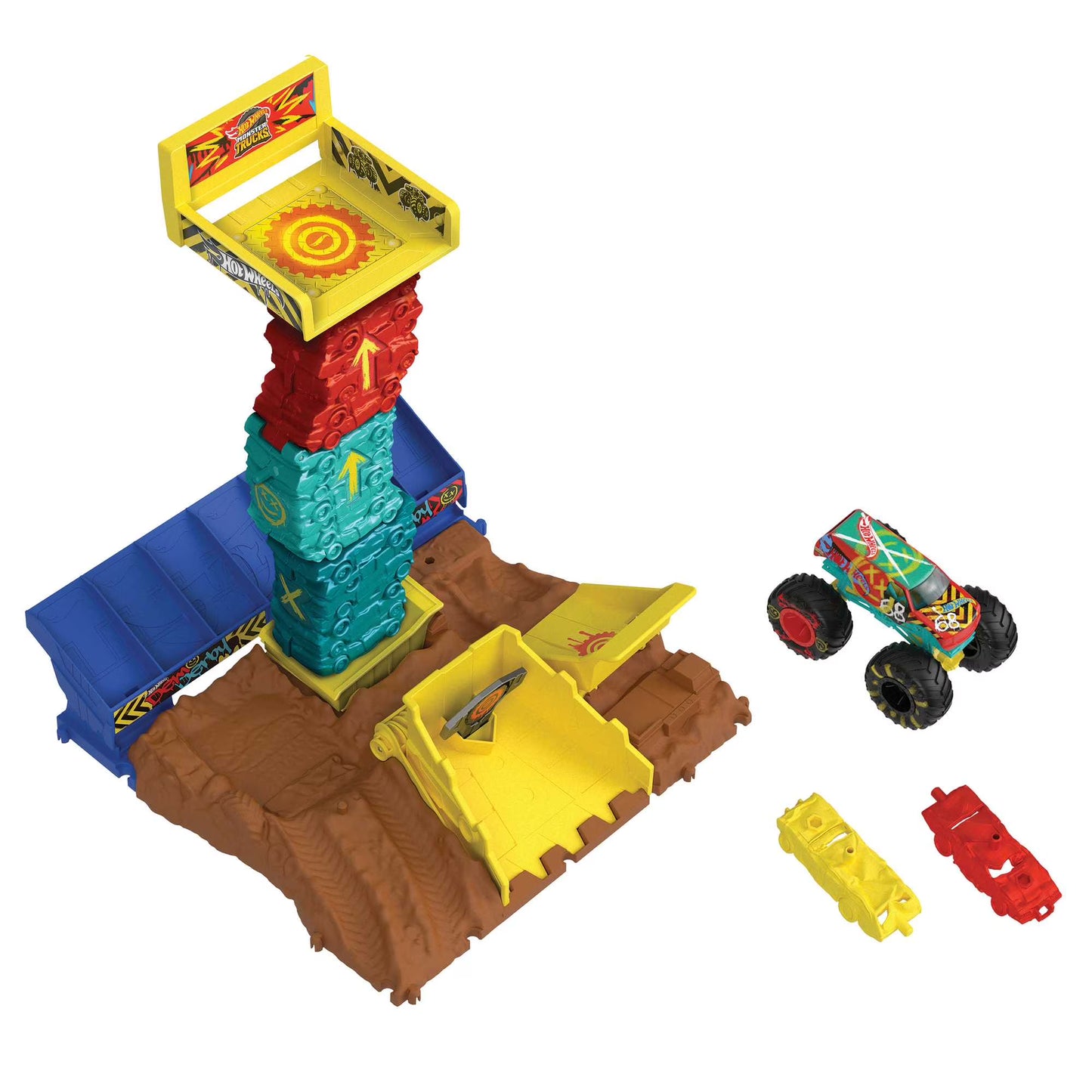 Hot Wheels Monster Trucks Demo Derby Jump Challenge Playset, 1 Toy Car & 3 Crushable Cars