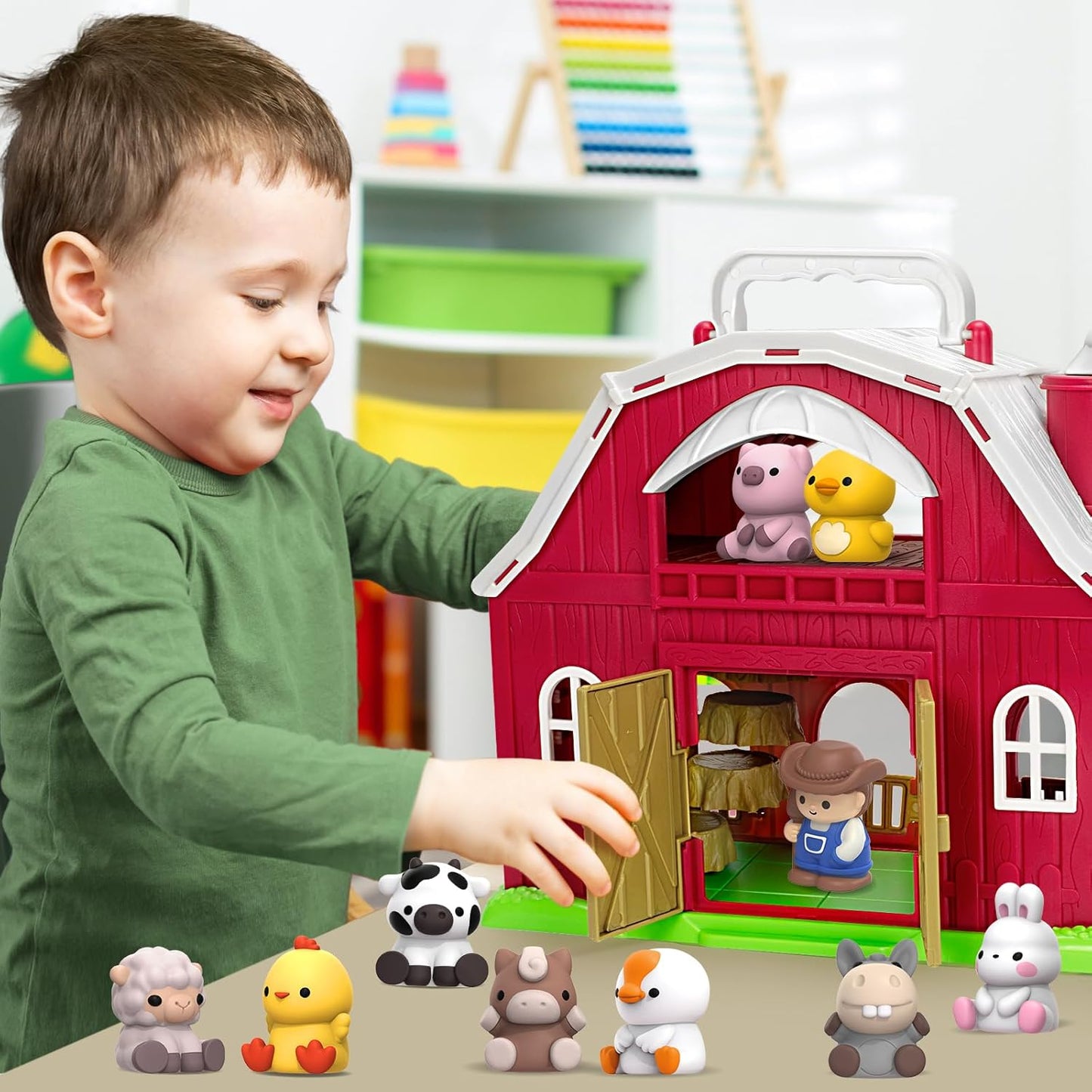 Toys for 1 2 3 Years Old Boys Girls, Big Red Barn Farm Animal Playset for Boys Girls, Learning Montessori Toys, Christmas Birthday Easter Gift for Baby Kids Toddlers Age 12-18 Months