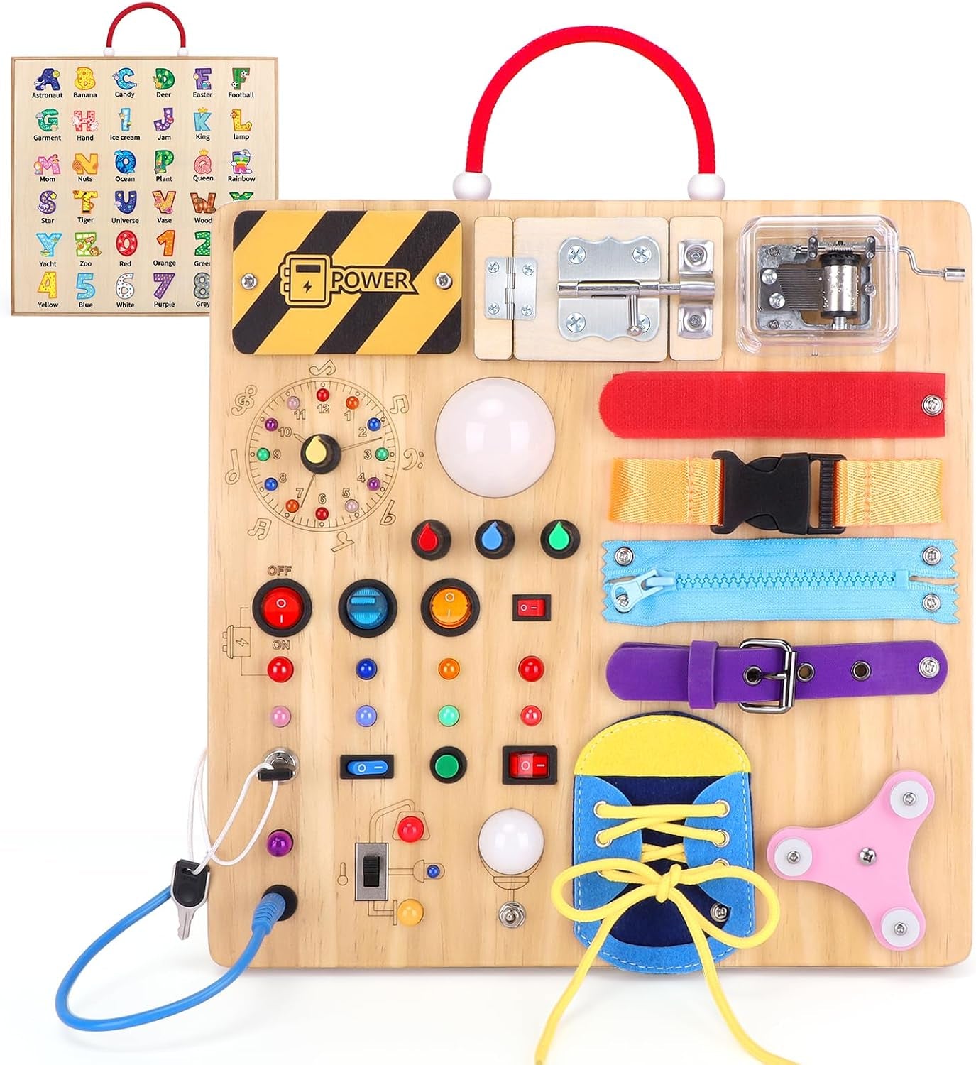 Busy Board, Montessori Toy for 1-3 Years Old, Wooden Toddler Sensory Travel Toy, Ideal Gift for 1+ Year Old Boys (Busy Board plus V2), Medium, Yellow