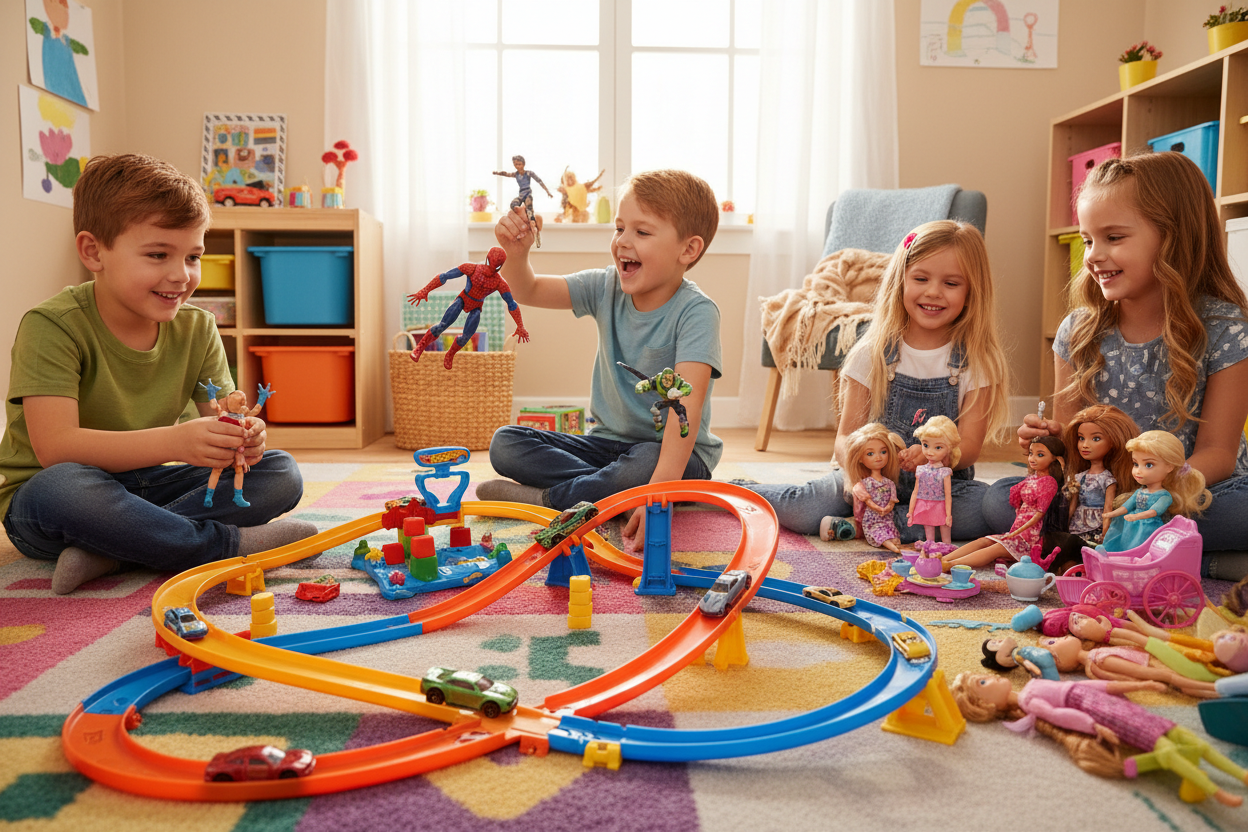 Action figer and hot wheels and Disney and barbie dolls playing with kids