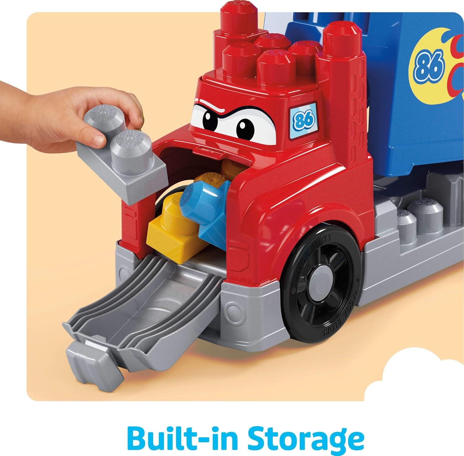 First Builders Toddler Building Blocks Toy Set, Build & Race Rig with 19 Pieces, 2 Race Cars and Storage, Red, Ages 1+ Years