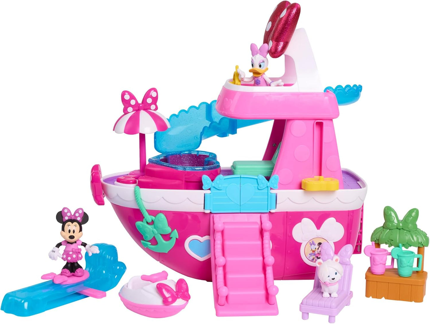 Disney Junior  Mouse Bowdazzling Yacht, Lights and Sounds, 16-Piece Playset with Figures, Pink, Boat, Bonus Pieces, Kids Toys for Ages 3 up by