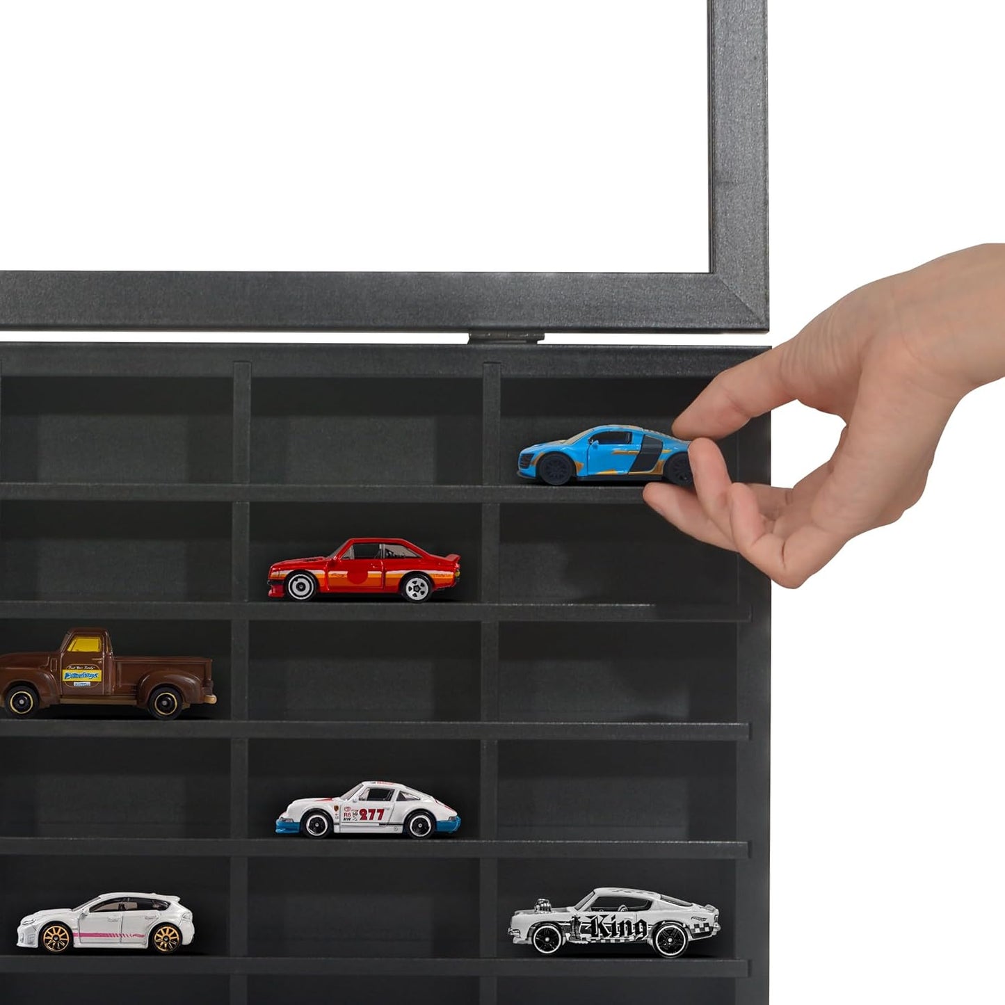 11X18 Toy Car Display Case - Holds up to 30 Cars - Model Car Displays with Removable Shelves and Shatter-Resistant Glass - Wall Mounted Display Cases for Collectibles - Black