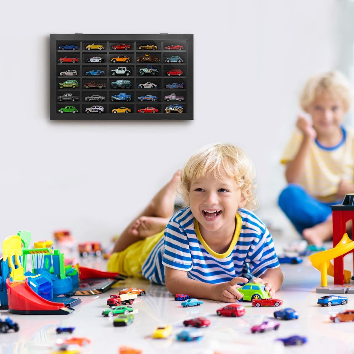 11X18 Toy Car Display Case - Holds up to 30 Cars - Model Car Displays with Removable Shelves and Shatter-Resistant Glass - Wall Mounted Display Cases for Collectibles - Black