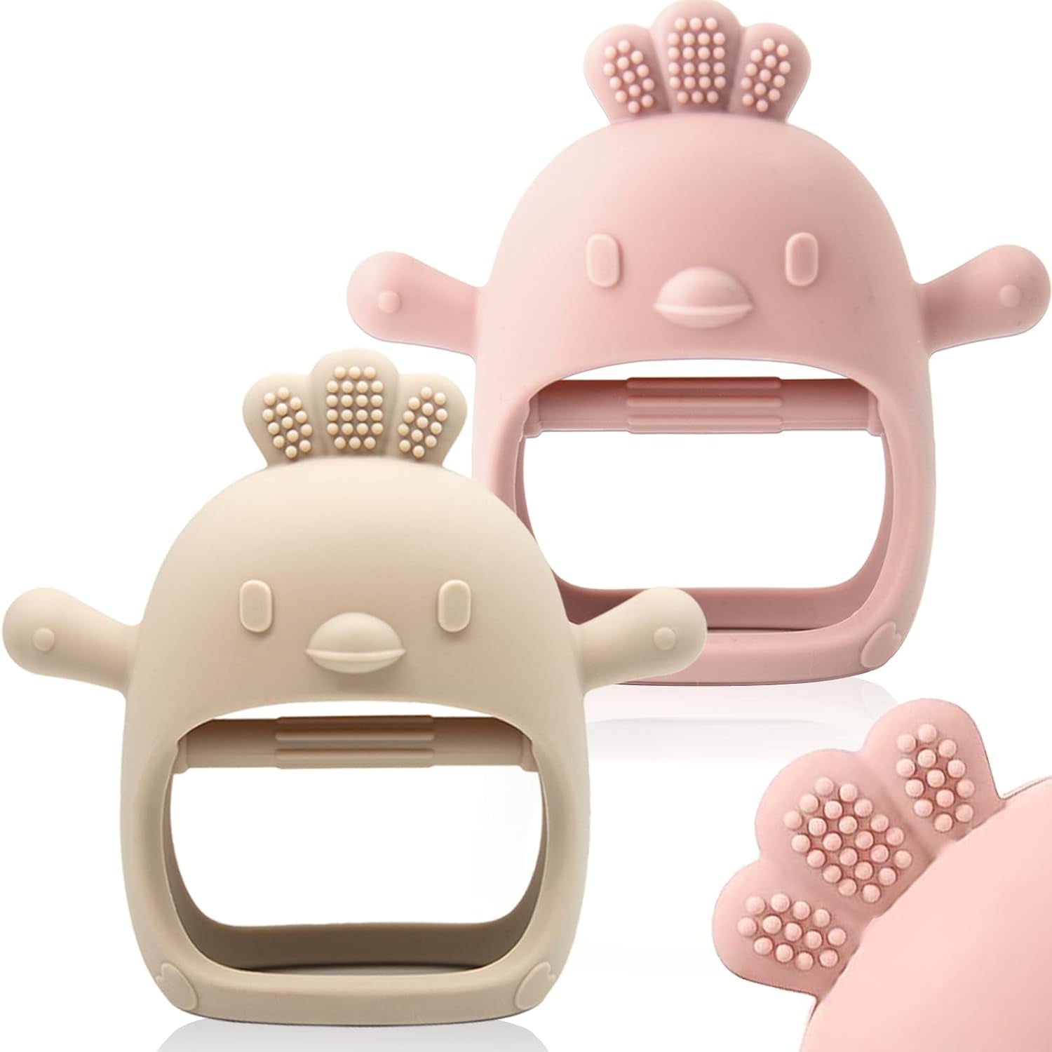 2 Packs Baby Teething Toy for 0-6 6-12 Months, Food Grade Silicone Teething Mitten, anti Dropping Wrist Hand Teethers Baby Chew Toys for Sucking Needs, BPA Free (Green & Caramel)