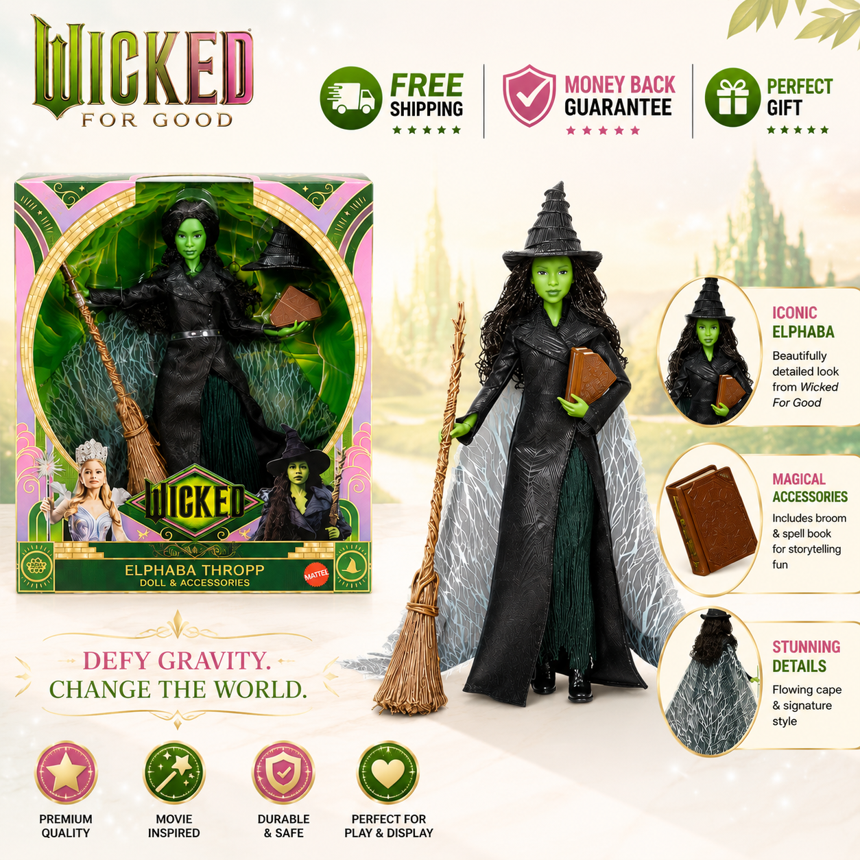 Mattel Wicked For Good Elphaba fashion doll with gown cape broom and accessories