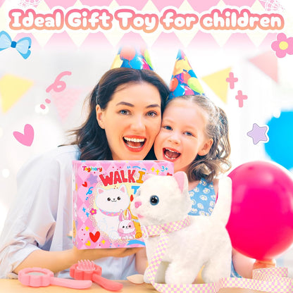 Plush Toys Electronic Toy Cat That Walking and Meowing,Tail Wagging Interactive Toy Cat for Kids with Leash,Easter Christmas Birthday Gift for Toddlers Kids