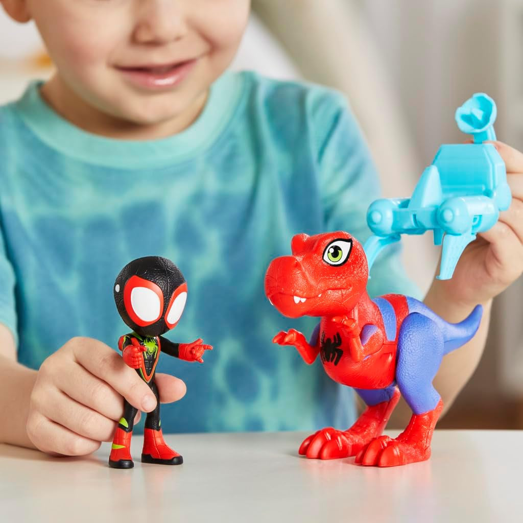 Marvel Dino-Webs Spidey-Rex & Miles “Spin” Morales 4-Inch-Scale Spider-Man Action Figure Set, Toys for Kids
