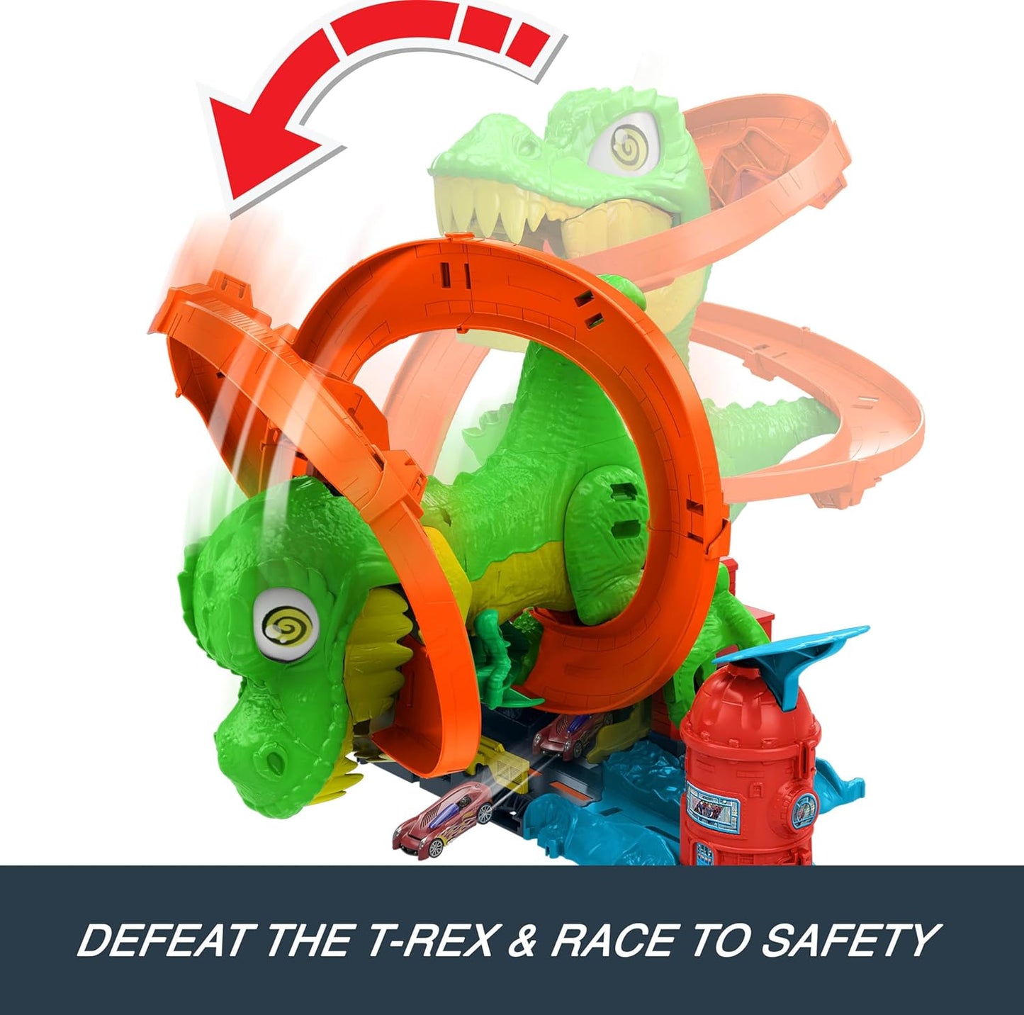 Toy Car Track Set, City T-Rex Blaze Battle Playset & 1:64 Scale Die-Cast Vehicle, 18” Tall, Multiple Race Outcomes, Spinning Dinosaur Eyes