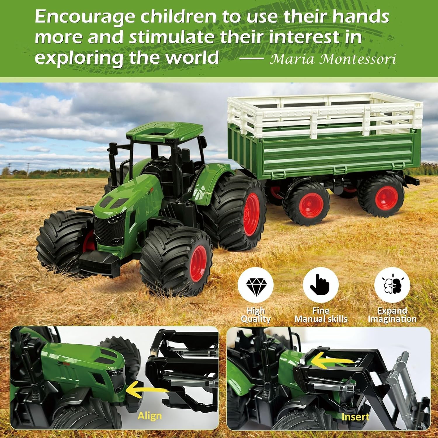 Farm Tractor Playset, 62 Pcs Farm Toy Set for Kids with 1/24 Tractor, Dumpable Traile, Bale Grapple, Big Barn, Farm Life Accessories, Map - Toys for 3+ Year Old Boys Girls
