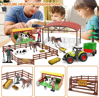 Farm Animal Toys Set,69 Pcs Farm Toys with Tractor with Trailer,Horse Stable Grain Bins Horse Cow Farmer Figures Fence Playset for Kids Toddlers Boy Girl 3-12 Years Old