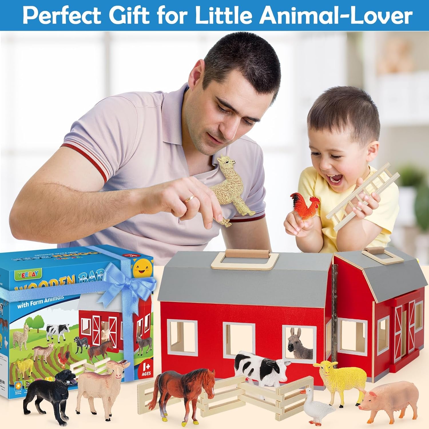 Farm Animals Toys for 3+ Year Old Kids Toddlers Girls Boys, Large Wooden Barn with Animal Play Figures, Farm Playset Educational Learning Toys, Ideal Christmas Birthday Gifts