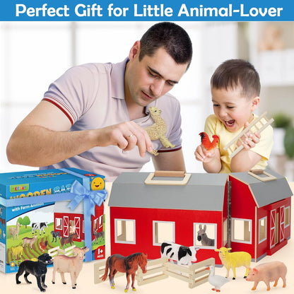 Farm Animals Toys for 3+ Year Old Kids Toddlers Girls Boys, Large Wooden Barn with Animal Play Figures, Farm Playset Educational Learning Toys, Ideal Christmas Birthday Gifts