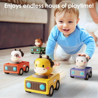 Press to Go Car Toys for Toddlers 1-3, Baby Animal Racing Cars, Infant Play Vehicle Set, Baby Push Go Friction Car Toys for 6-9-12-18 Months, 1St Birthday Gifts for 1-2 Years Old Boys