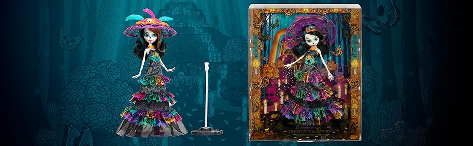 Monster High Doll, Skelita Calaveras Día De Muertos 2024 Howliday Collectible with La Catrina Hat, Papel Picado Dress, and Displayable Packaging