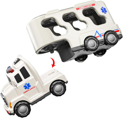 5 Pack Ambulance Vehicle Toddler Truck Toys for 3 4 5 6 Year Old Boys, Friction Powered Cars with Toy Helicopter, Police Car, Fire Truck, Ambulance Car, Birthday Gifts for Girls Age 3-9