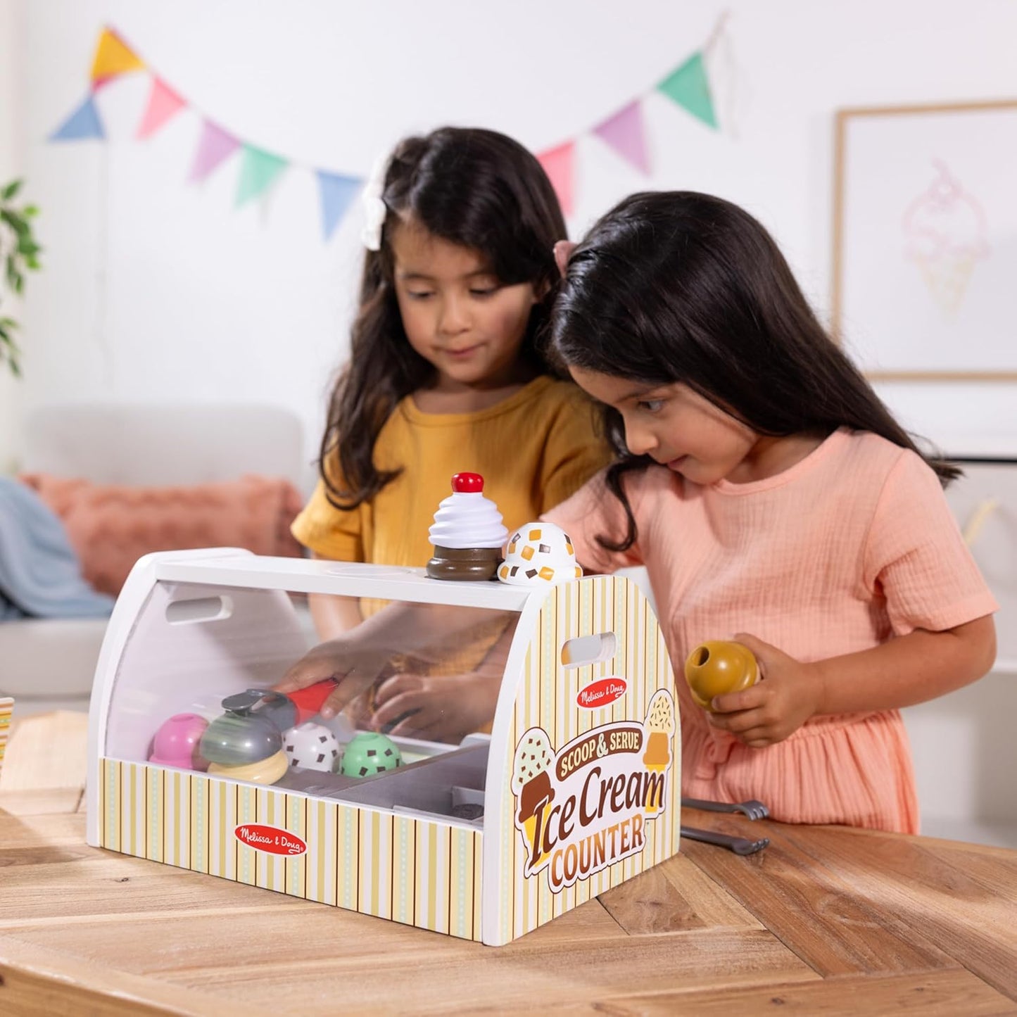 Wooden Scoop and Serve Ice Cream Counter with Play Food and Accessories (28 Pcs) Pretend Food, Ice Cream Toys, for Kids Ages 3+