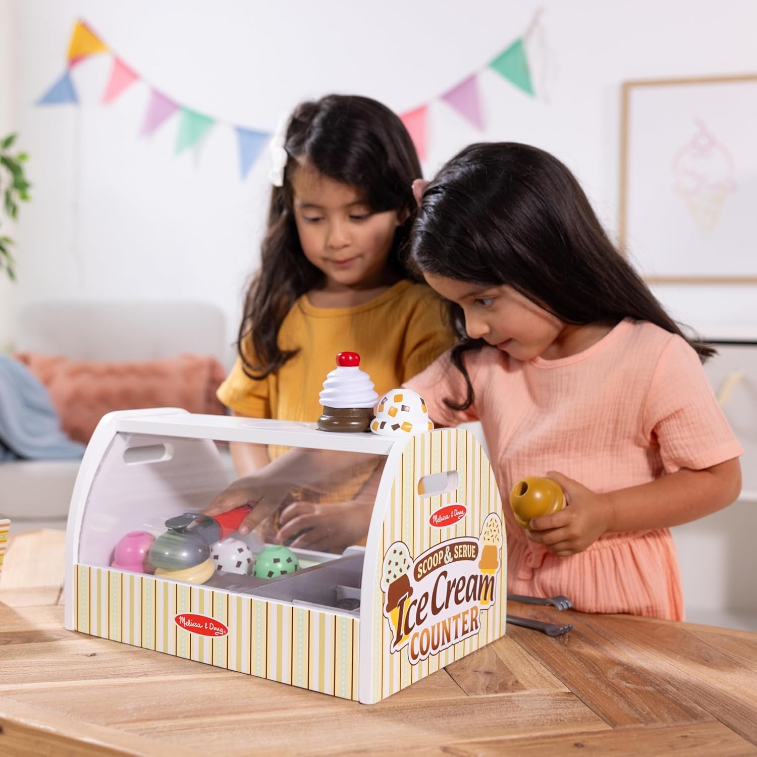 Wooden Scoop and Serve Ice Cream Counter with Play Food and Accessories (28 Pcs) Pretend Food, Ice Cream Toys, for Kids Ages 3+