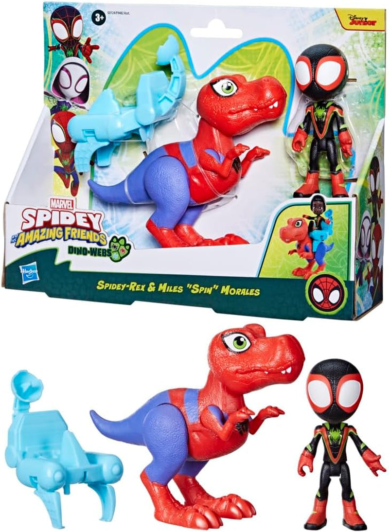 Marvel Dino-Webs Spidey-Rex & Miles “Spin” Morales 4-Inch-Scale Spider-Man Action Figure Set, Toys for Kids