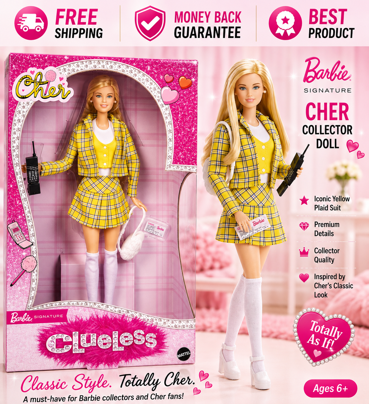 Barbie Signature Cher Collector Doll in iconic yellow plaid Clueless outfit