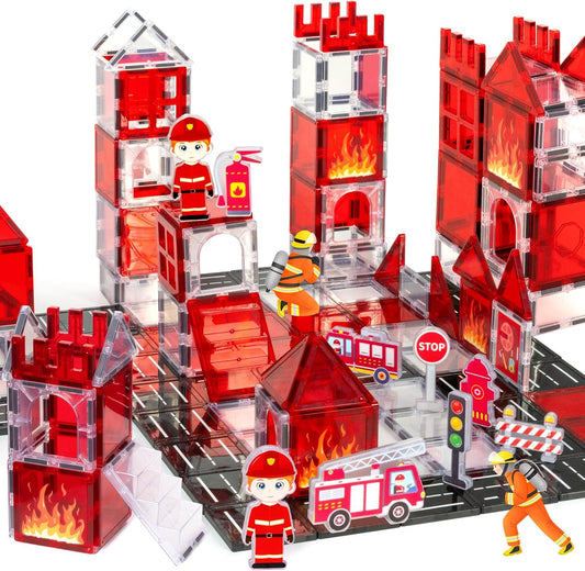 Magnetic Tiles Firefighter Set, Magnetiles with Firefighter, Magnetic Tiles for Kids Ages 4-8, STEM Toys, Magnet Blocks for Boys and Girls, Creative Building Toys, Firefighter