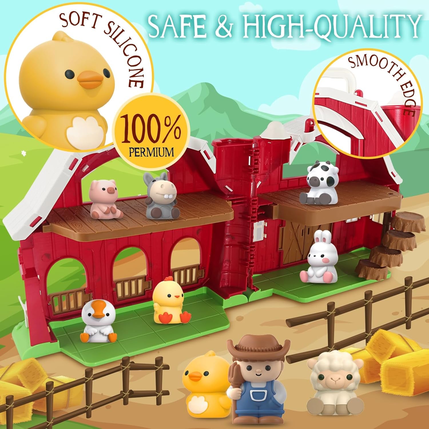 Toys for 1 2 3 Years Old Boys and Girls, Big Barn Toy with Farm Animal, Preschool Montessori Toy, Farm Playset with Big Red Barn & Farmer, Easter Gift Toy for Toddlers