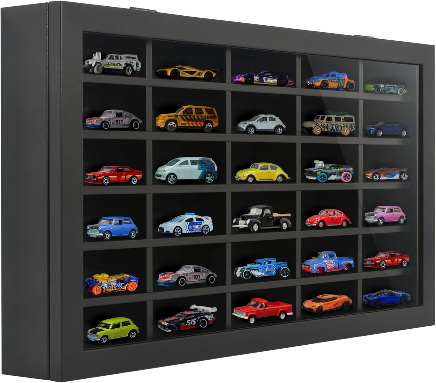 11X18 Toy Car Display Case - Holds up to 30 Cars - Model Car Displays with Removable Shelves and Shatter-Resistant Glass - Wall Mounted Display Cases for Collectibles - Black