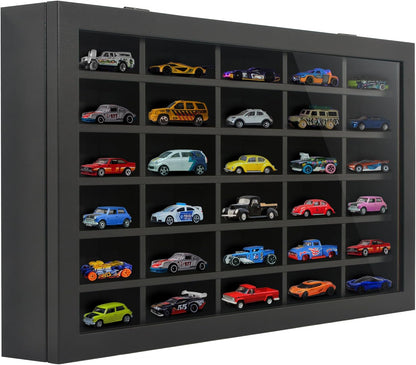 11X18 Toy Car Display Case - Holds up to 30 Cars - Model Car Displays with Removable Shelves and Shatter-Resistant Glass - Wall Mounted Display Cases for Collectibles - Black