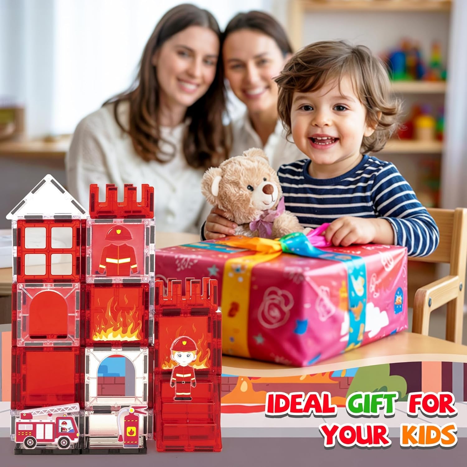 Magnetic Tiles Firefighter Set, Magnetiles with Firefighter, Magnetic Tiles for Kids Ages 4-8, STEM Toys, Magnet Blocks for Boys and Girls, Creative Building Toys, Firefighter