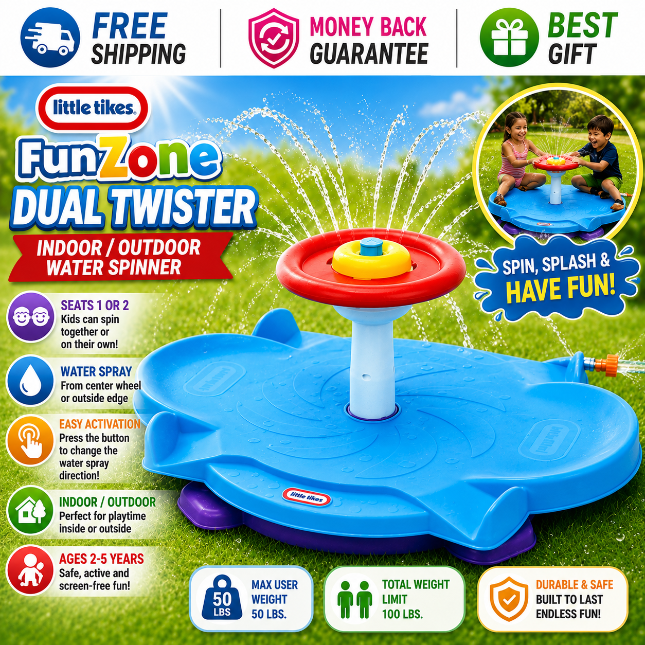 Little Tikes Fun Zone Dual Twister indoor outdoor water spinner for two kids